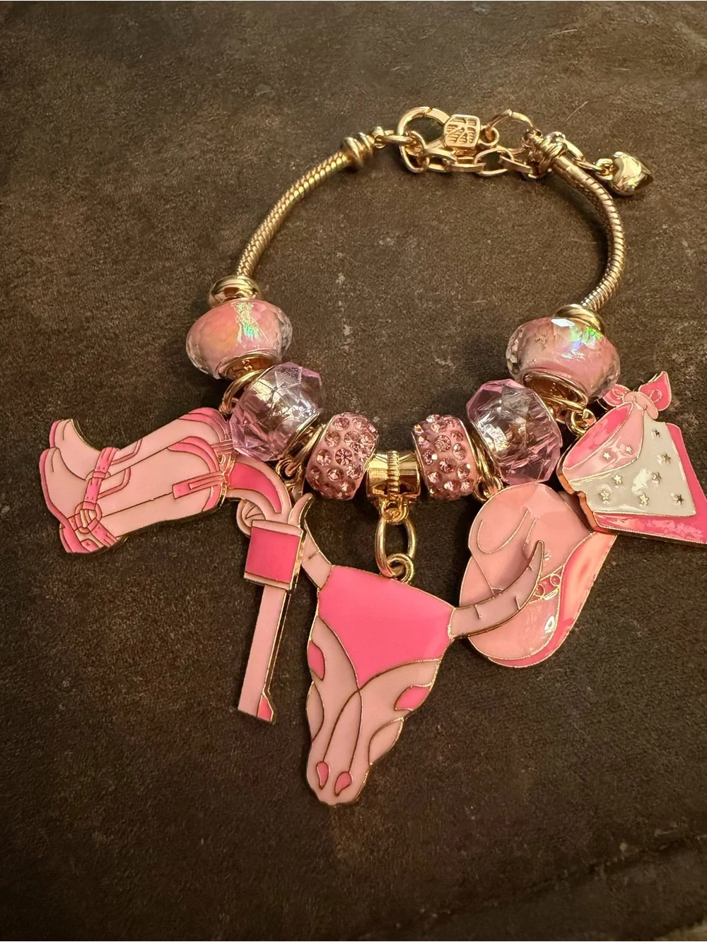 Gold-Tone Pink Charm Bracelet with Crystal Beads